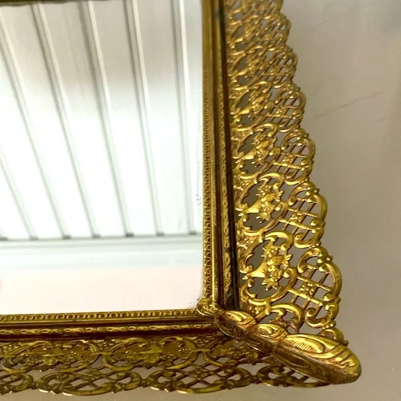 Vintage Gold Filigree Elegant Gold Framed Mirror Tray. - Picture 4 of 11